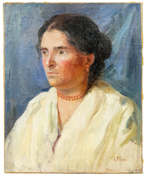 Ritratto di donna con collana di corallo, olio su tela, cm 47,5x39, firmato G. Piccioni, (lievi difetti).