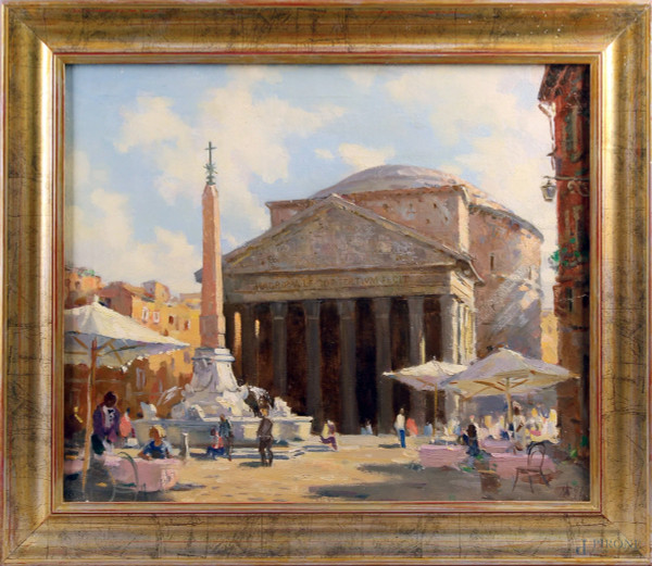Il Pantheon, olio su tela, cm. 50x60, artista russo del XX secolo, entro cornice.