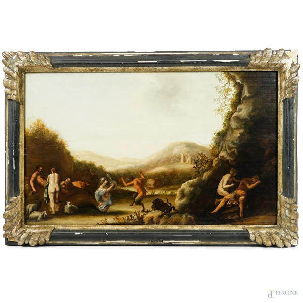 Seguace di Cornelis van Poelenburgh (Utrecht 1590 - 1667), Paesaggio con fauni e ninfe, olio su tavola, cm 32,5x53,5, entro cornice