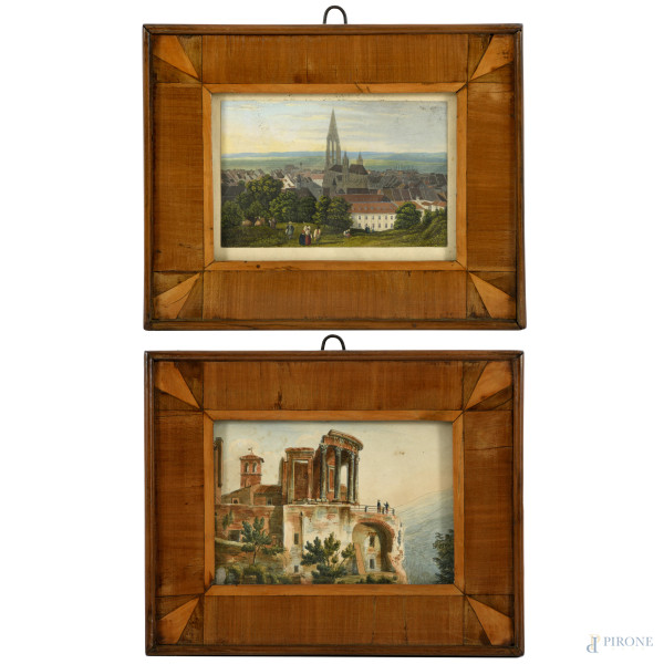 Coppia di cornicette in noce con stampe, XX secolo, cm 20,5x25,5; luce cm 11,5x16, (segni di usura)