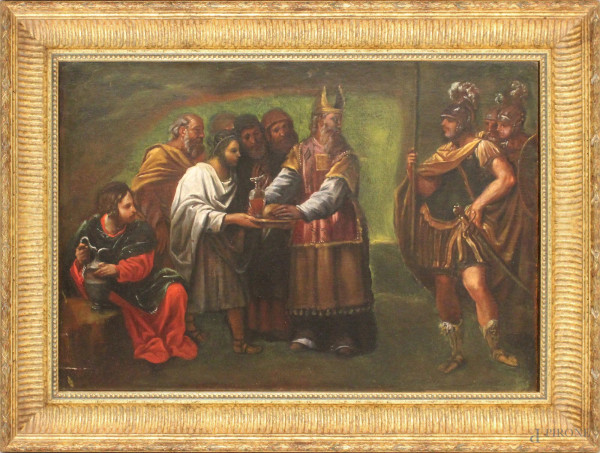 Alessandro il Grande con sacerdoti, olio su tela, cm 43x60, XVIII sec., entro cornice.