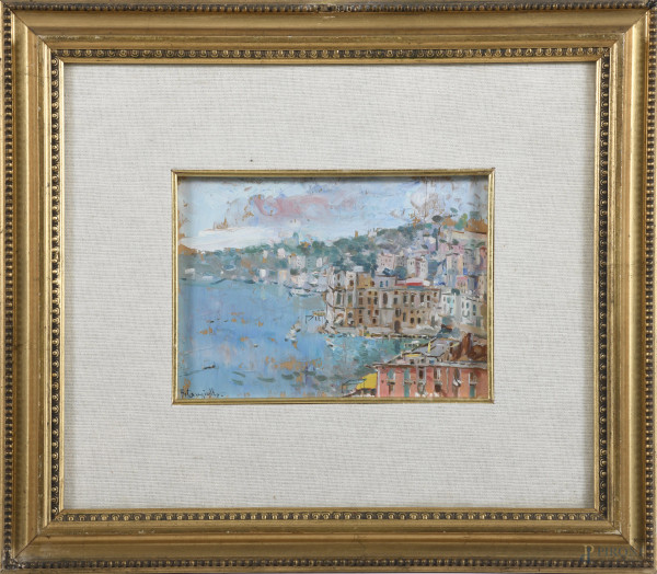 Francesco Cangiullo, (1884 – 1977) , Palazzo Sant'Anna a Posillipo, olio su compensato, cm 13x18, firmato in basso a sinistra, entro cornice, (segni di usura, fessurazioni, difetti)