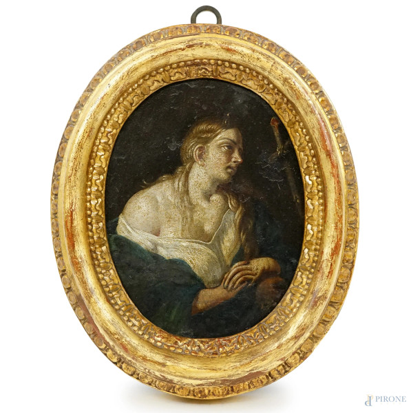 Pittore del XVII secolo, Maddalena penitente, dipinto ad olio su rame ad assetto ovale, cm 18x14,5, entro cornice.