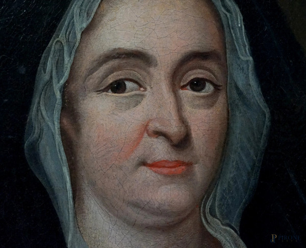 Ritratto di Madame De Valliere, olio su tela, cm 73x60, recante stemma e data 8 Luglio 1582, entr...