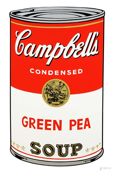 After Andy Warhol (1928-1987), Campbell's Green Pea  Soup, Sunday B. Morning , 2000ca., serigrafia a colori su carta, cm 89x58,5, con timbro blu sul retro: "Fill in your signature" e "Published by Sunday B.Borning", (difetti sulla carta).