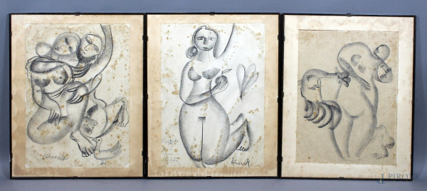Kenneth  De Lanerolle - Lotto di tre disegni raffiguranti &quot;Donna con gallo - Eva - Armonia&quot;, matita su carta, cm. 31x40, entro cornice.