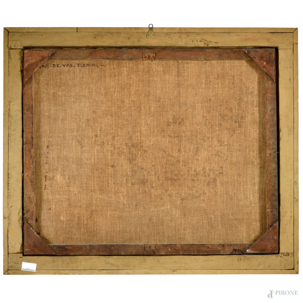 Coppia di dipinti raffiguranti paesaggi con figure, olio su tela, cm 79x99, XVIII secolo, (difett...