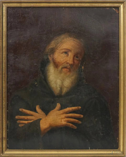 San Francesco da Paola, cartoncino applicato su tavola,cm 61,5x48, XIX secolo, entro cornice, (difetti).