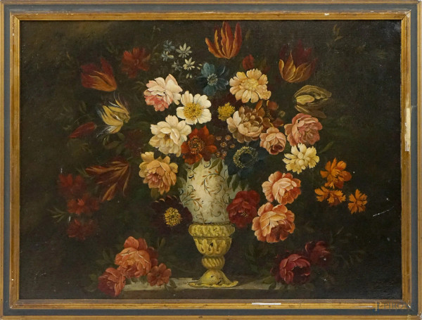 Pittore del XIX secolo, Natura morta, olio su tela applicata su cartone, cm 64x87,5, entro cornice, (lievi difetti sulla tela).