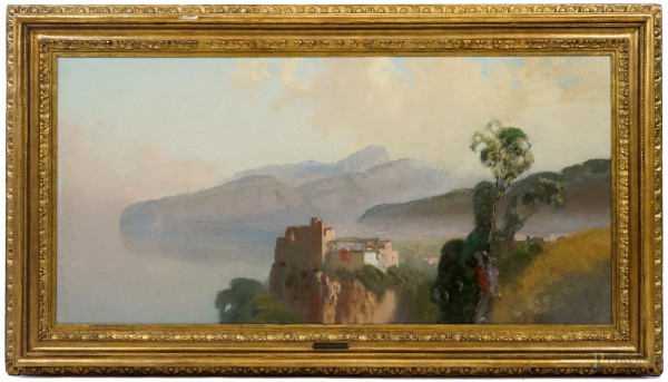 Eduardo Dalbono (Napoli, 10 dicembre 1841 – Napoli, 23 agosto 1915), Paesaggio, olio su tela, cm 60x123, entro cornice