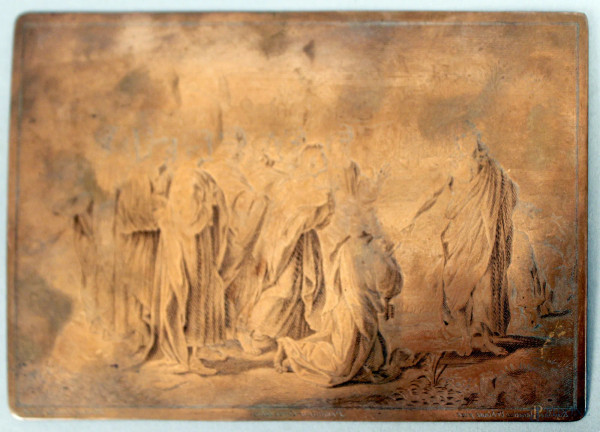 Raffaello  Schiaminossi - Cristo consegna le chiavi a Pietro, lastra calcografia in rame, 1871, cm. 13x20.