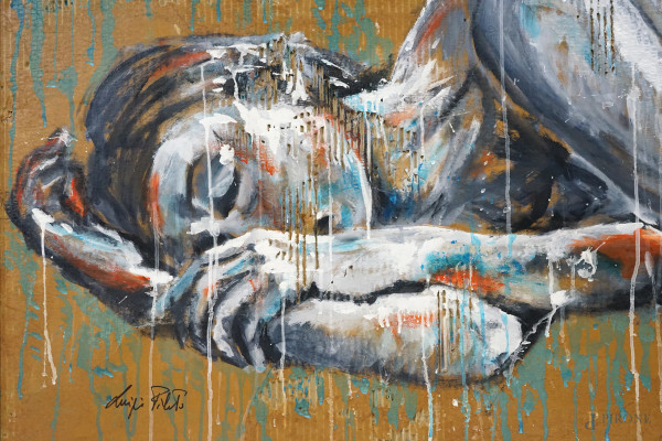 Donna 2, acrilico su cartone ricilcato, cm 77x116, entro cornice.