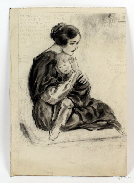 Luigi  Bompard - Maternità, tecnica mista su carta, cm. 29,5x21