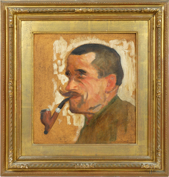 Ritratto d'uomo con pipa, olio su cartoncino, cm 32,4x30, entro cornice