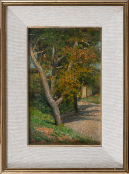 Viale con albero, XX secolo, olio su tavoletta, cm 30x19, firmato in basso a sinistra, entro cornice