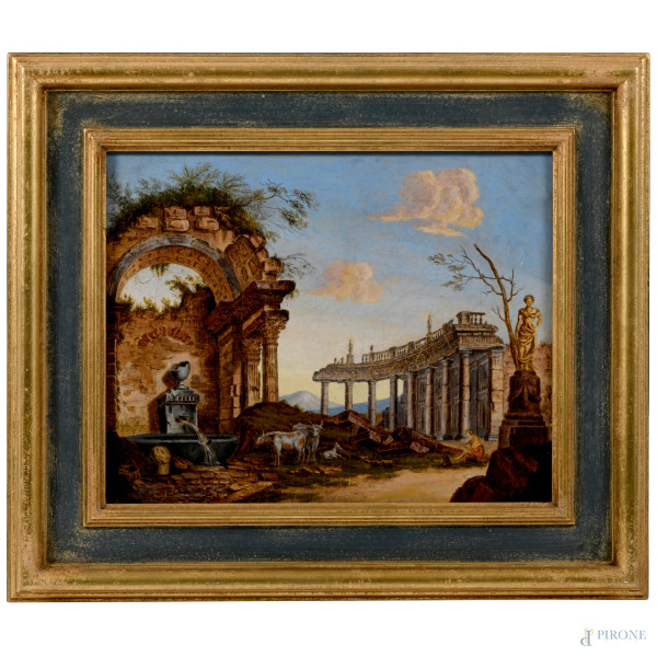 Capriccio con fontana, XIX secolo, olio su tela, cm 31x39 entro cornice, (craquelure e sollevamenti  [..]