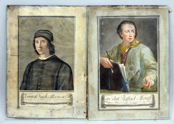 Lotto di due incisioni acquerellate raffiguranti i pittori Raphael Mengs e Tommaso Guidi da Masaccio, cm 35x25, XVIII secolo, (difetti).
