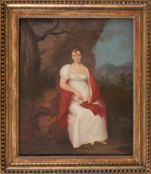 Ritratto di gentildonna con drappo rosso, XVIII-XIX secolo, olio su tavola, cm 63x61, entro cornice, (piccole abrasioni)