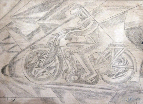 Motociclista, disegno a matita su carta, 28x22 cm, entro cornice
