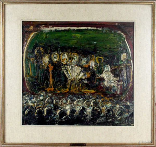 Joan Pistone, L'orchestra, olio su tavola, cm. 40x43, entro cornice.