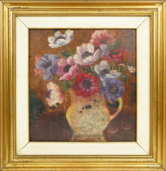 Vaso con fiori, olio su tavola, XX secolo, cm 36x34, entro cornice