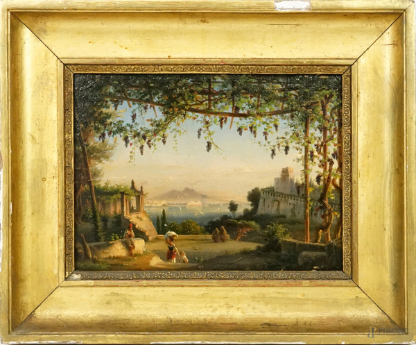 Veduta di Napoli, olio su tavoletta, cm 23,5x32, firmato