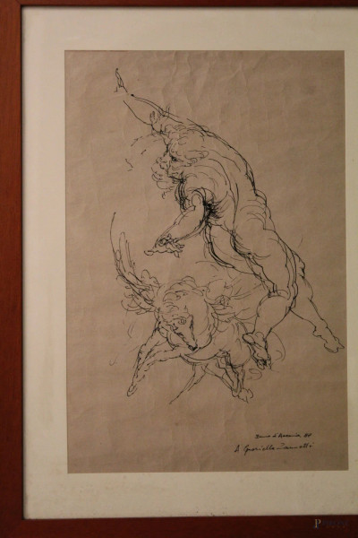 Scena mitologica, china su carta, 45x29 cm, entro cornice firmato Bruno D'Acervia, datato 87