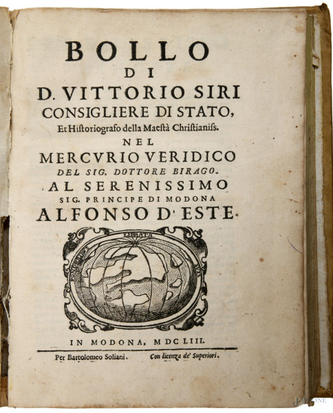 Bollo di D. Vittorio Siri, Modena, 1653, (segni di usura, restauri, tracce di umidità, difetti)