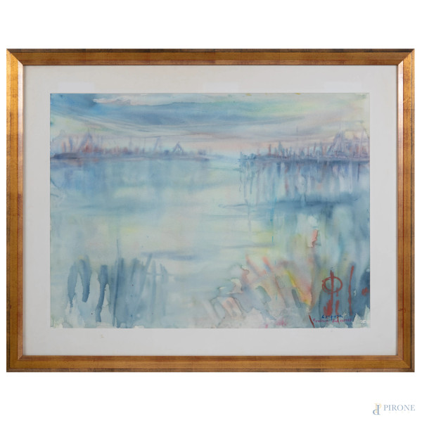 Antonio Corpora (1909-2004), Hamburg Hafen, tecnica mista su carta, cm 68x88 compreso passepartout ,  [..]