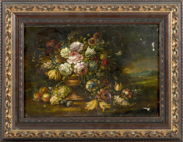 Natura morta di frutta e fiori in paesaggio, olio su tela, XIX-XX secolo,  cm 26,5x38,5 entro cornice, (difetti e rotture)