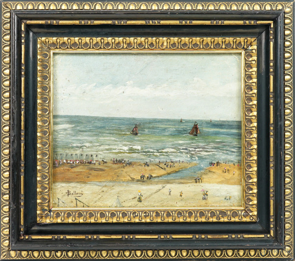 Veduta marina con figure e imbarcazioni, firmato, olio su tela riportata su compensato, firmato, cm 22x27, entro cornice