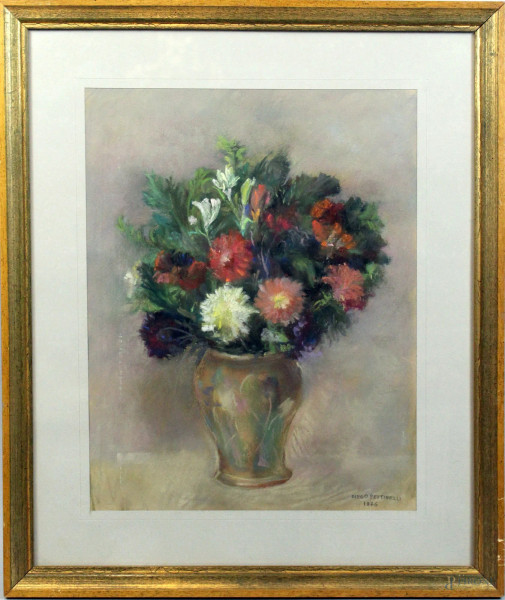 Vaso con fiori, pastello su carta, 41x32cm Diego Pettinelli, entro cornice.