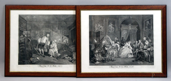 Marriage a la mode, plate IV-V, due stampe su carta da William Hogarth, cm 43x57, XX secolo, entro cornici