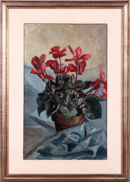 Paolo Ghiglia - Fiori, olio su tavola 55,5x34,5, entro cornice.