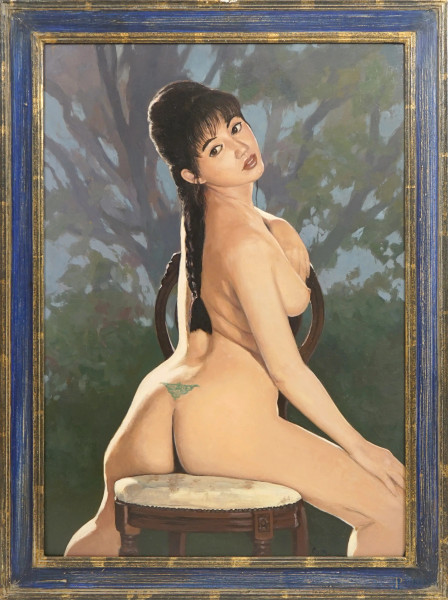 Riccardo Chirici - Nudo, olio su compensato, firmato e titolato sul retro, cm 99.5x70, entro cornice