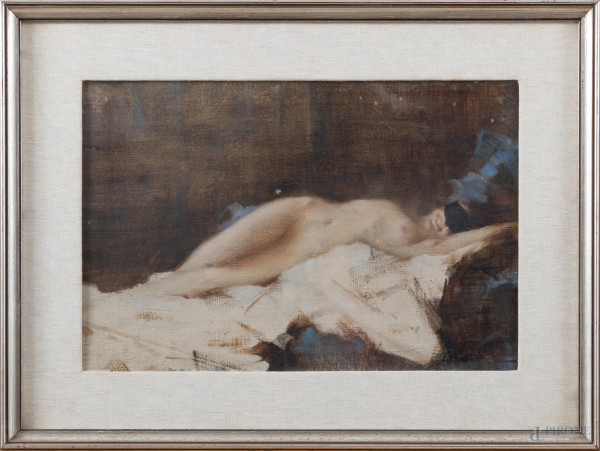 Francesco Longo Mancini (1880-1954), Nudo di donna con maschera, olio su tela, cm 32x47, firmato in basso a destra, entro cornice