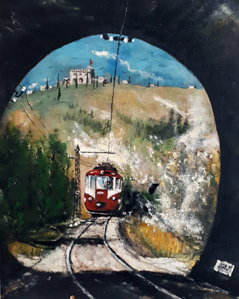Arte ferroviaria, Tunnel con treno in arrivo, olio su tavola, cm 40x50, firmato e datato