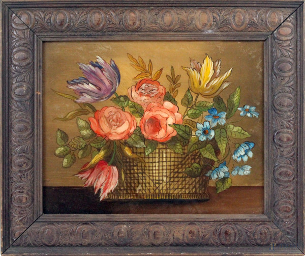 Cesta di fiori, dipinto su vetro, cm 36,5x23, XX secolo, entro cornice.