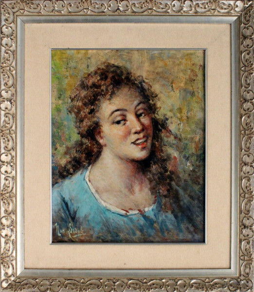 Ritratto di ragazza, olio su compensato cm. 39x31, firmato, entro cornice.