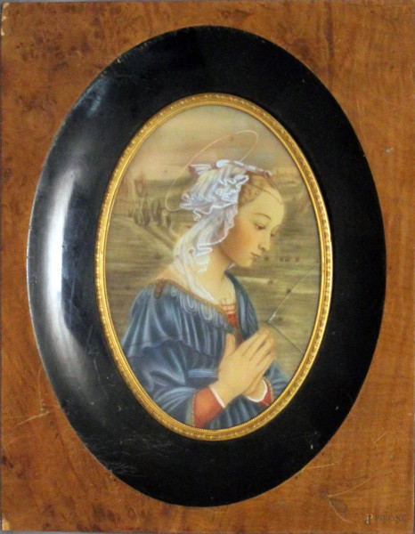 Madonna, miniatura su avoriolina, cm 17x12, entro cornice.