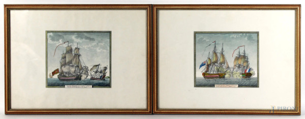 Coppia di stampe a colori raffiguranti velieri, cm.28x38,5, entro cornice.