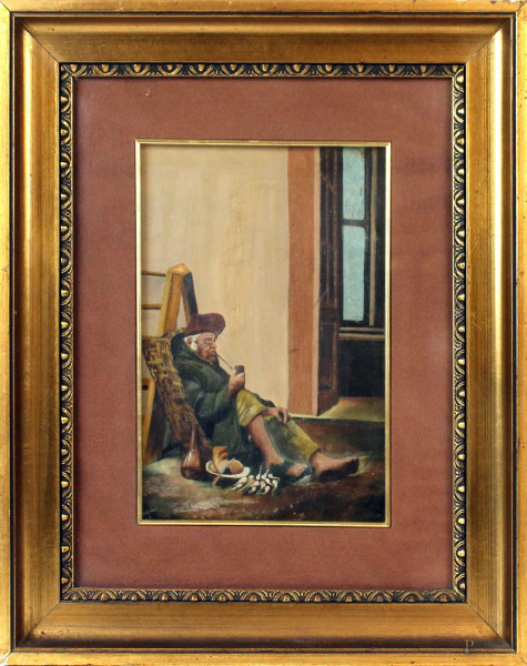 Anziano con pipa, olio su cartone telato, cm.25,5x18, XX secolo, entro cornice.