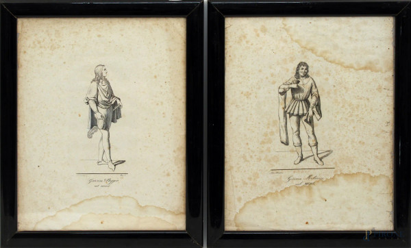Coppia di stampe del XIX sec. raffiguranti un giovine paggio e un giovine milanese, cm 30 x 23, entro cornice, macchie sulla carta.