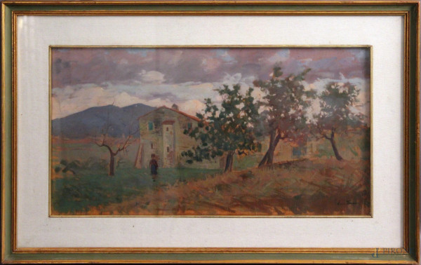 Adolfo Tommasi - Paesaggio con casolare e figura, olio su tavola, cm 29 x 55, entro cornice.