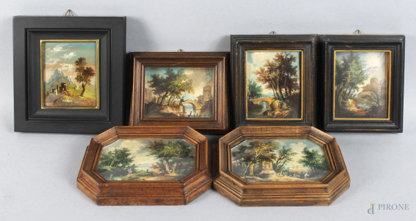Lotto composto da sei miniature raffiguranti paesaggi dipinti ad olio, misure max. con la cornice cm. 15x13,5.