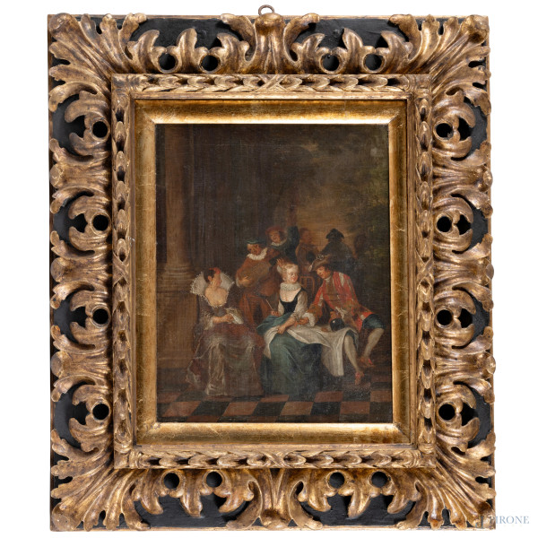 Scena galante, XIX secolo, olio su tela, cm 43x34,5, entro cornice, (craquelure, lievi segni di usura)