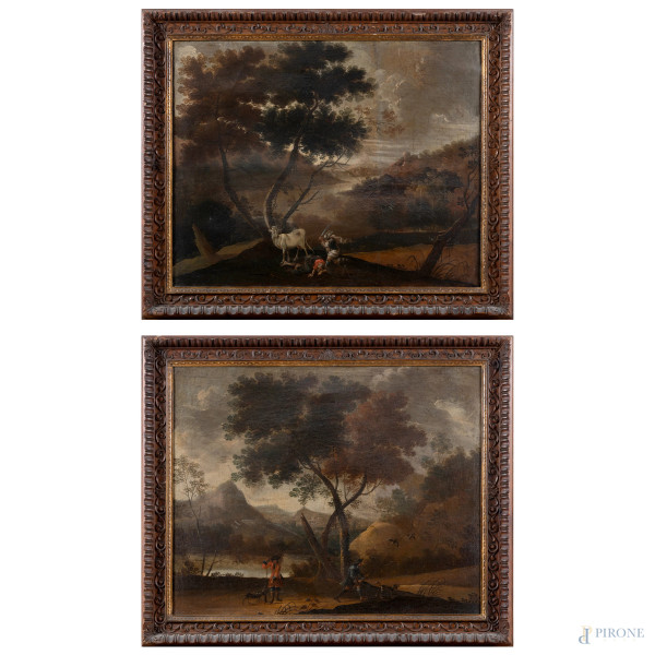 Coppia di paesaggi con cacciatori, XIX secolo, olio su tela, cm 55x67, (segni di usura, craquelure, sollevamenti di colore, abrasioni, ondulazioni della tela)