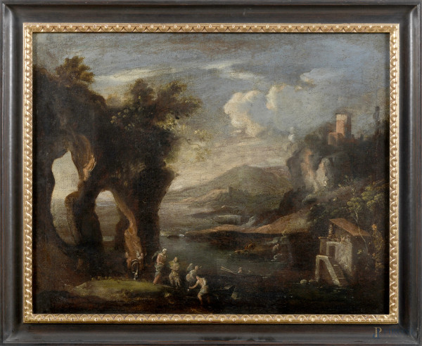 Scena biblica in paesaggio, XIX secolo, olio su tela, cm 51x64, entro cornice, (abrasioni, sollevamenti di colore, segni di usura)