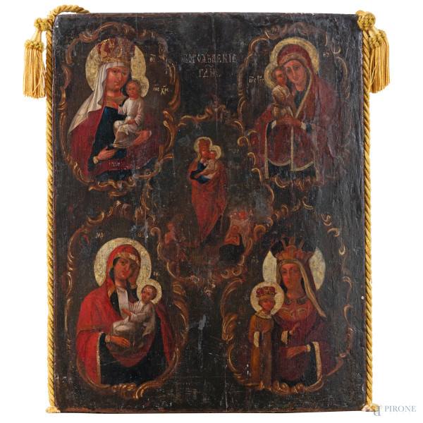 Icona raffigurante immagini mariane, XIX secolo, olio su tavola, cm 50x40, (segni di usura, scalfiture, cadute di pigmento e doratura, fessurazioni, difetti)