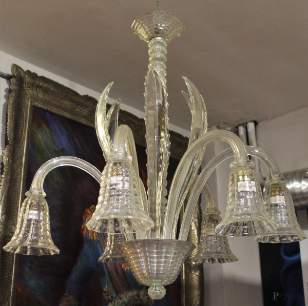 Lampadario a sei luci in vetro di Murano, cm h 86, XX secolo